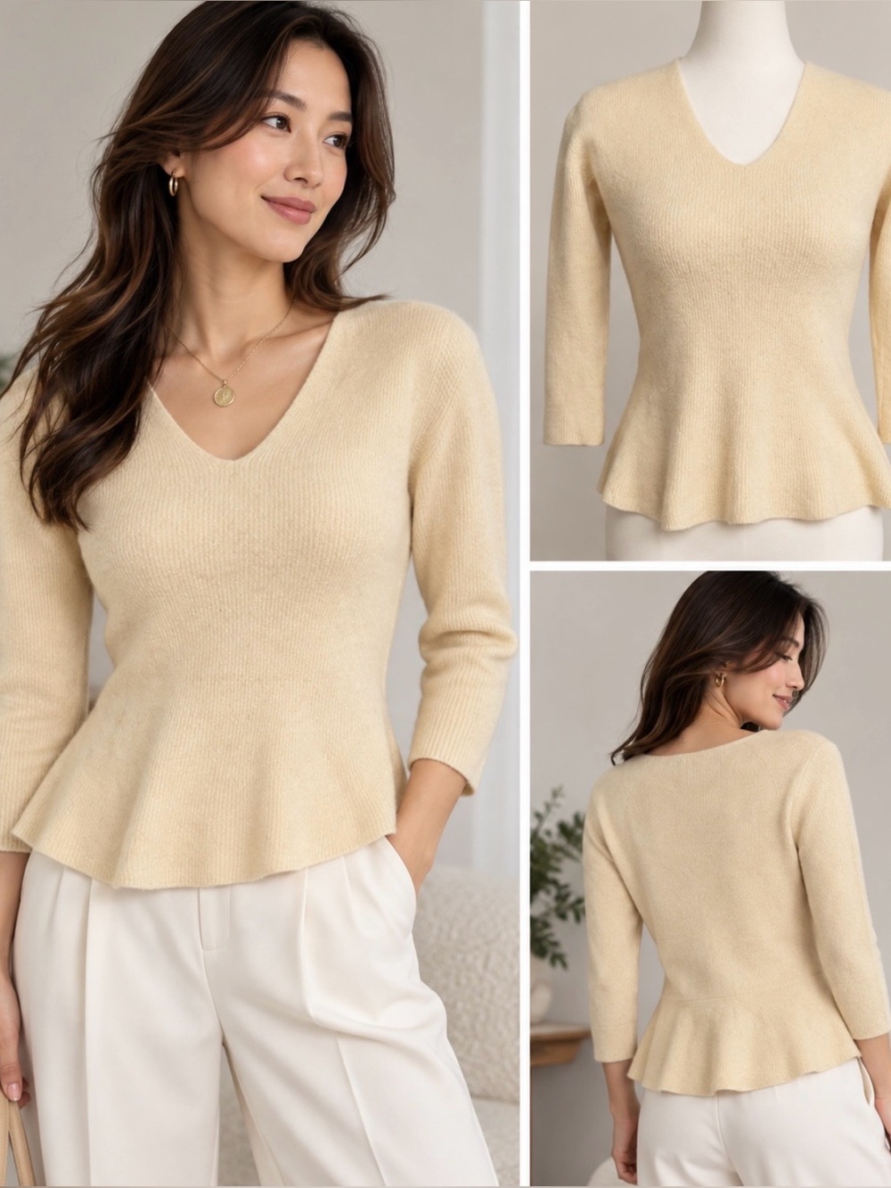 Lafayette 148 Cashmere Wool Sweater Ivory V Neck Peplum 3/4 Sleeve Luxury Petite